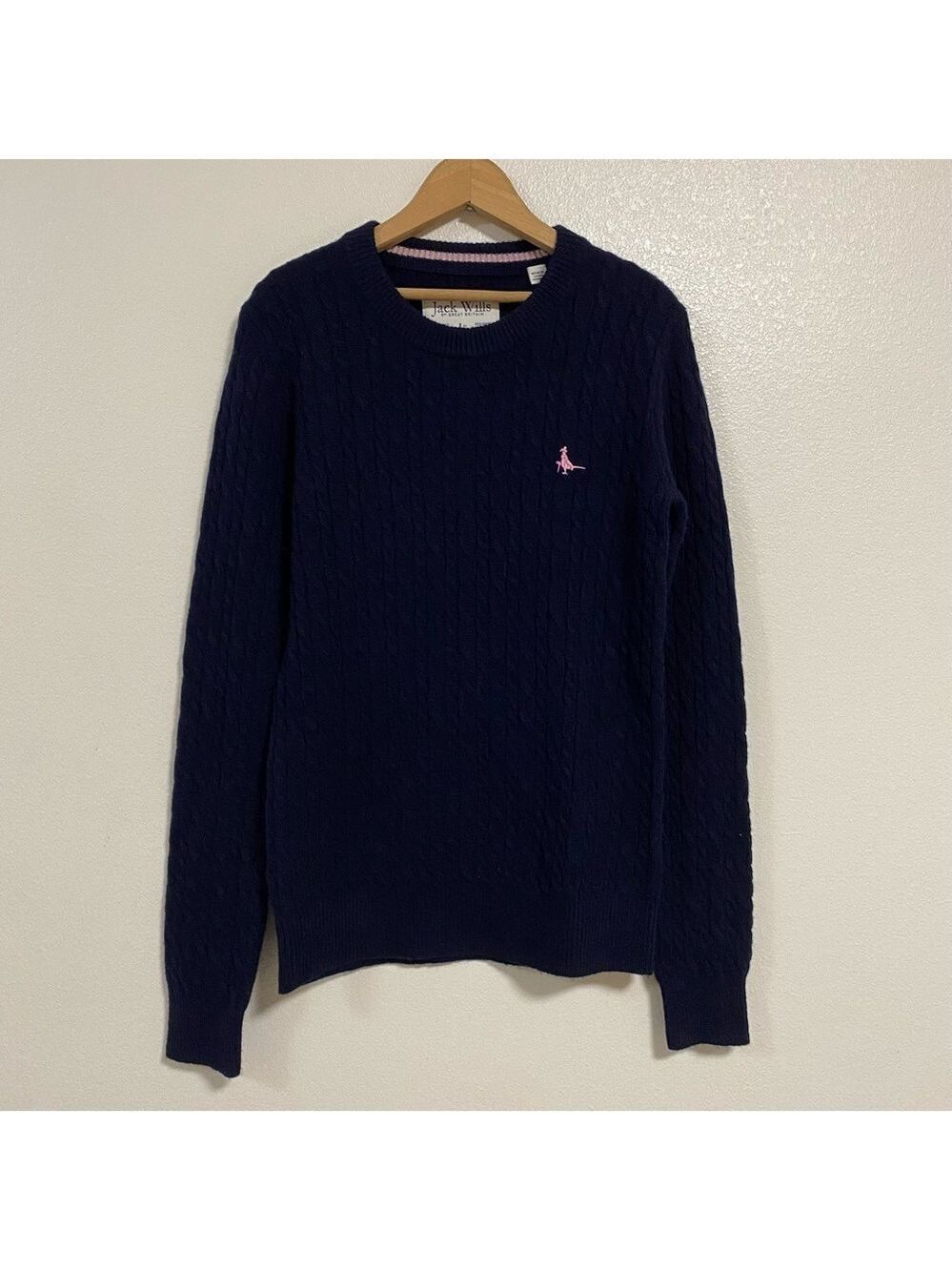Jack Wills Sweater Women’s Size 4 Navy Cable knit Merino Wool Blend Sweater